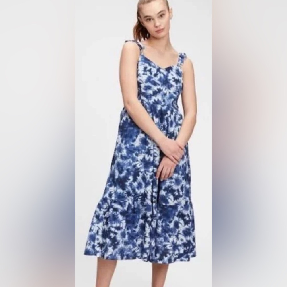 GAP Size 6 Blue Tie Dye Midi Dress- Smocked / Stretch Back, Tie Straps, Lined - Picture 6 of 11